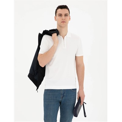 Beyaz Slim Fit Fermuarlı Polo Yaka Triko Tişört