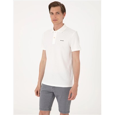 Ekru Slim Fit Örme Dokulu Polo Yaka Tişört