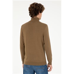 Erkek Slim Fit Boğazlı Yaka Haki Basic Kazak