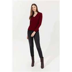Kadın Bordo Basic V - Yaka Kazak