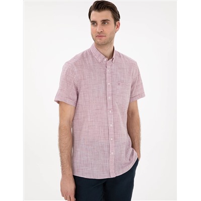 Bordo Keten Görünümlü Regular Fit Kısa Kollu Gömlek