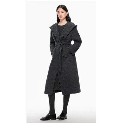 Женское элегантное длинное шерстяное пальто из двусторонней шерсти с капюшоном