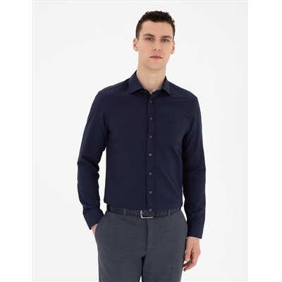 Lacivert Slim Fit Armürlü Uzun Kollu Gömlek