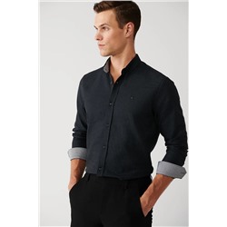 Avva Erkek Siyah Düğmeli Yaka Dokulu Pamuk Karışımlı Slim Fit Gömlek A32y2076 A32Y2076