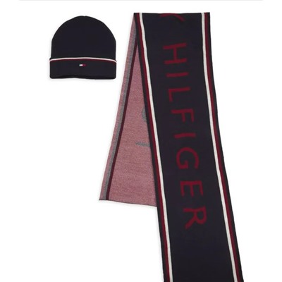 Tommy Hilfiger 2-Piece Logo Double Stripe Beanie & Scarf Set