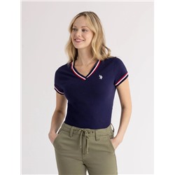 V-NECK SIGNATURE STRIPE TRIM T-SHIRT