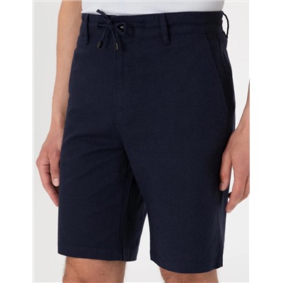 Lacivert Slim Fit Keten Karışımlı Beli Bağcıklı Dokuma Şort