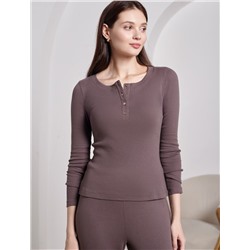 Лонгслив облегающий из фактурного трикотажа в рубчик с круглым вырезом на пуговицах