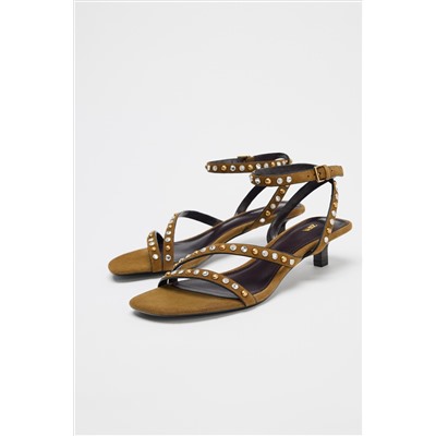 SPLIT SUEDE STUDDED KITTEN HEEL SANDALS
