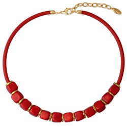 Колье Терра (коралл 10х10мм красный, каучук красный; покрытие золото) 40-45см, Есть комплект