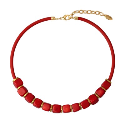 Колье Терра (коралл 10х10мм красный, каучук красный; покрытие золото) 40-45см, Есть комплект