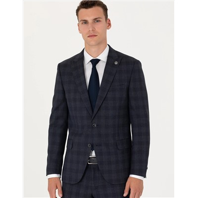Lacivert Ekose Ekstra Slim Fit Yün Karışımlı Takım Elbise