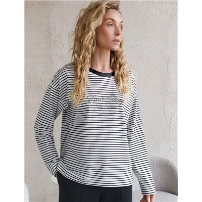 Лонгслив в полоску с принтом из премиального хлопка с эластаном