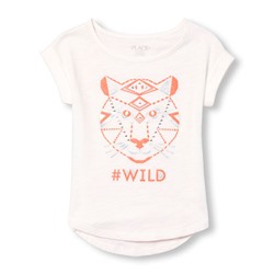 Girls Short Rolled Sleeve Embellished Graphic Hi-Low Top