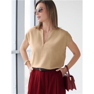 Свободный топ с V-вырезом и цельнокроеным коротким рукавом изо льна с вискозой
