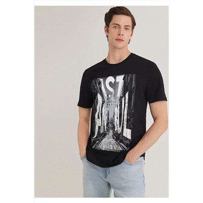 Mavi İstanbul Galata Baskılı Siyah Tişört Slim Fit / Dar Kesim 067053-900