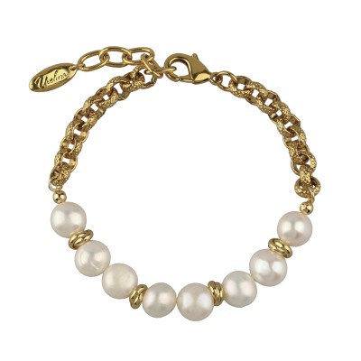 Браслет (жемчуг белый 6мм; покрытие золото) 18-21см, Есть комплект