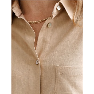 Свободная удлиненная блузка с карманом изо льна с вискозой