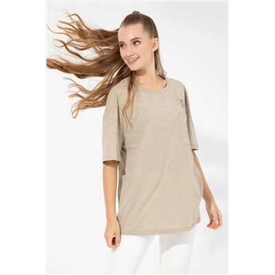 Kadın Haki Bisiklet Yaka Oversize Tişört