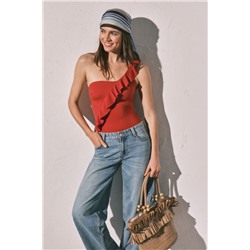 Bañador moldeador volante asimétrico naranja