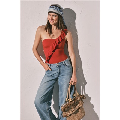 Bañador moldeador volante asimétrico naranja