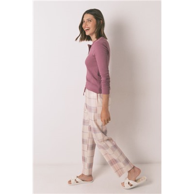 Pijama largo algodón estampado cuadros rosa