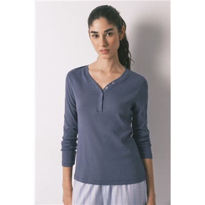 Camiseta manga larga algodón canalé azul