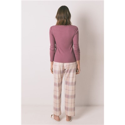 Pijama largo algodón estampado cuadros rosa