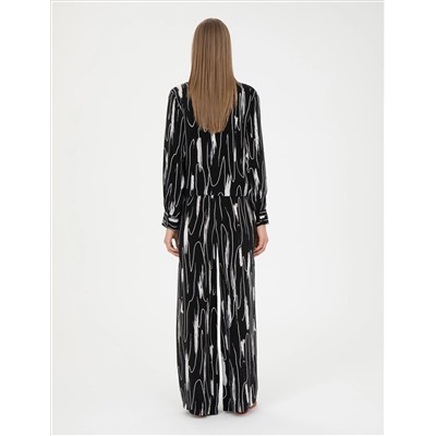 Siyah Cupro Desenli Wide Leg Pantolon