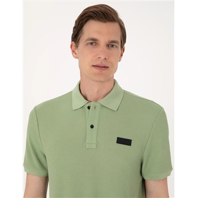 Çağla Yeşili Slim Fit Örme Dokulu Polo Yaka Tişört