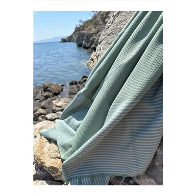 Denizli Concept Yeşil Çizgili %100 Pamuk Selge Peştemal - 100x200 Cm - Püsküllü Plaj & Peştemal