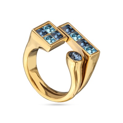 Кольцо Квадро (кристаллы SW джинс, аквамарин; покрытие золото), Есть комплект