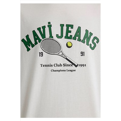 Mavi Tenis Logo Baskılı Ekru Tişört Loose Fit / Bol Rahat Kesim 0612708-70057