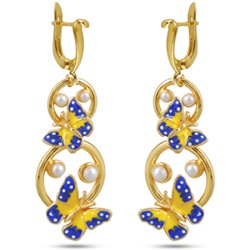 Серьги (эмаль желтая, синяя, жемчуг белый; покрытие: золото)