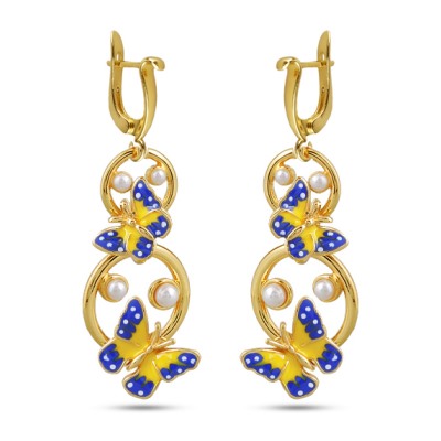 Серьги (эмаль желтая, синяя, жемчуг белый; покрытие: золото)