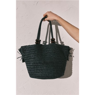 Bolso mediano rafia flecos negro