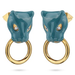 Серьги Пантера (эмаль изумрудная, кристаллы SW белые; покрытие золото), Есть комплект