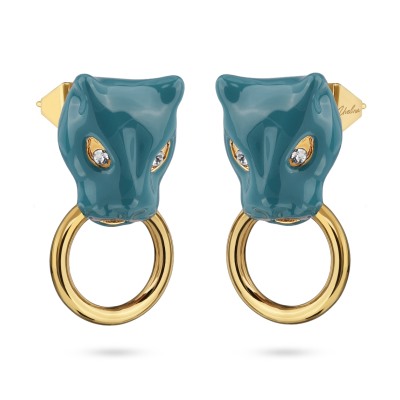 Серьги Пантера (эмаль изумрудная, кристаллы SW белые; покрытие золото), Есть комплект