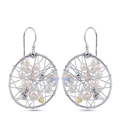 Серьги (жемчуг белый, кристаллы; покрытие родий), Есть комплект