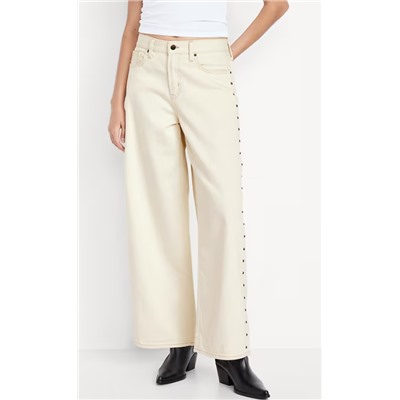 High-Waisted Baggy Wide-Leg Studded Jeans