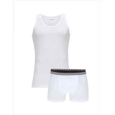 Beyaz Pamuk Karışımlı Atlet Boxer Set