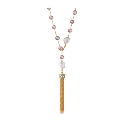 Колье (жемчуг белый, розовый 6мм, белый фианит; покрытие золото) 73см, Есть комплект