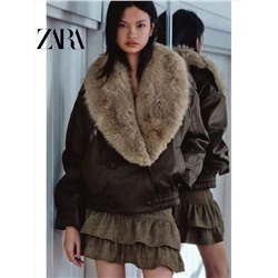 Теплая женская кожаная куртка в ретро стиле со съёмным воротником  ZAR*A 💤