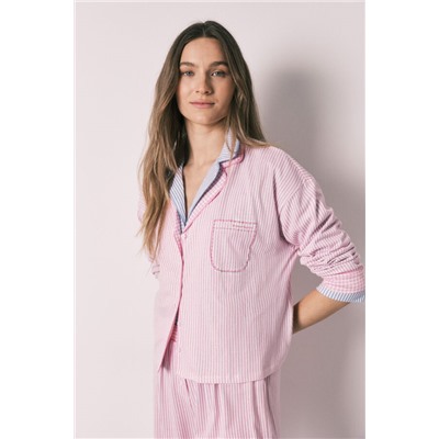Pijama camisero largo rayas rosa algodón