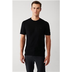 Siyah Bisiklet Yaka Pamuklu Regular Fit Standart Kesim İnce Triko T-Shirt