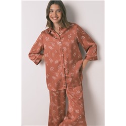 Pijama camisero largo satén naranja