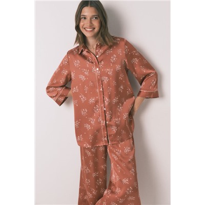 Pijama camisero largo satén naranja