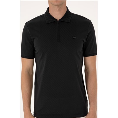Erkek Regular Fit Siyah Polo Yaka Fermuarlı Tişört