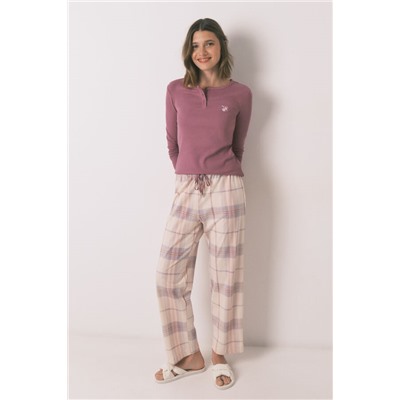 Pijama largo algodón estampado cuadros rosa