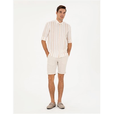 Bej Slim Fit Keten Karışımlı Dokuma Şort